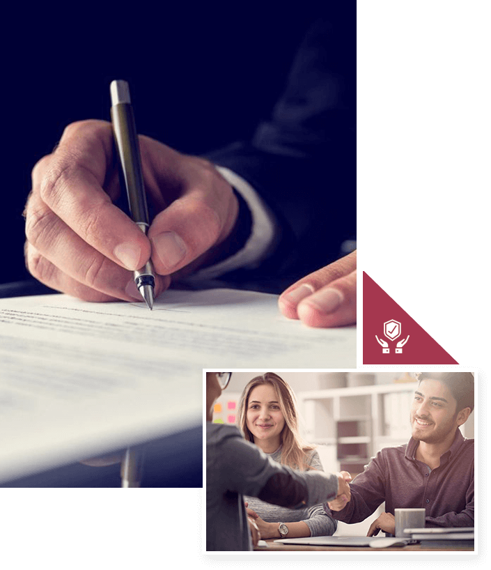 Close-up of a person signing a document with a pen. Inset image shows two people shaking hands across a table.