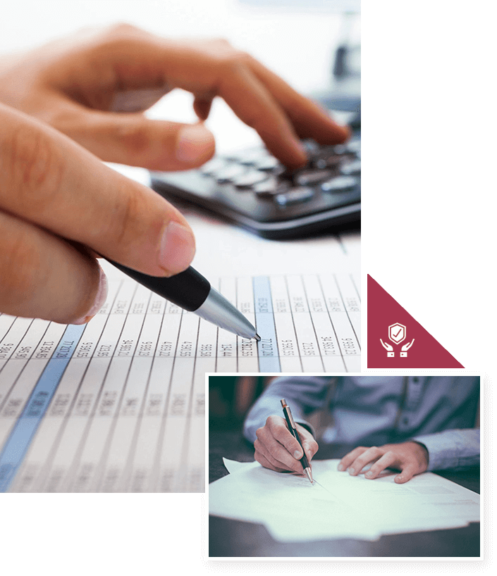 Hands using a calculator and holding a pen over a spreadsheet. Inset image shows hands signing a document with a pen.